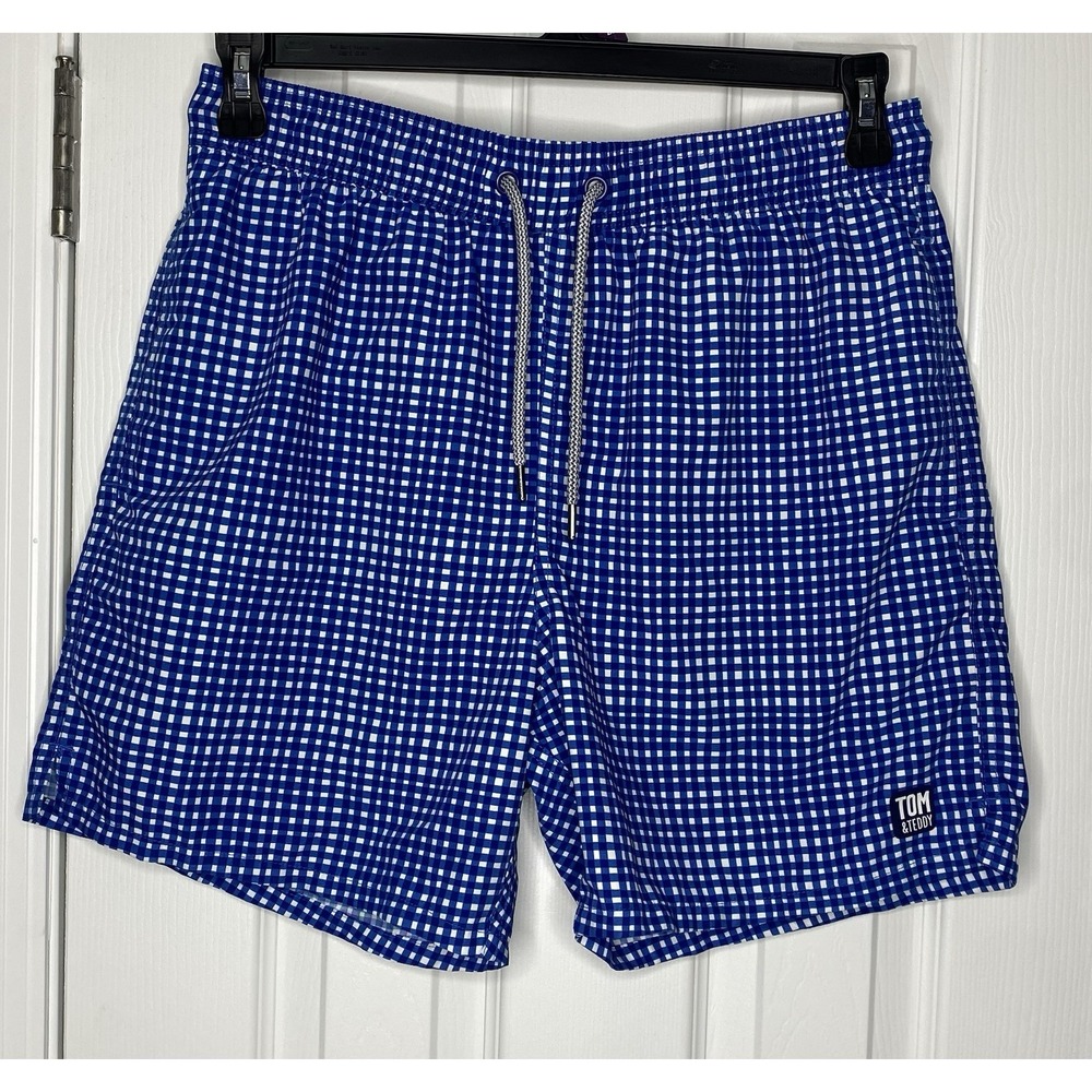 Tom And Teddy‎ Men's Lined Picnic Pattern Swim Trunks Blue White Size Medium